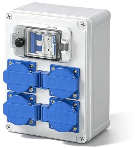 Väggmonterad elektrisk distributionsbox för arbetsplats, med 32 A differentialbrytare, 4 Schuko-uttag 230 V, IP67 vattentät, för användning på arbetsplatsen