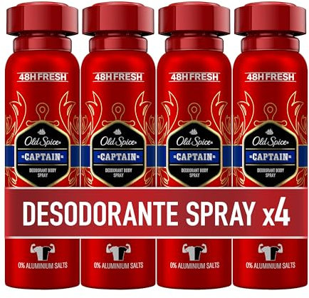 Old Spice Captain Desodorante Corporal En Spray Para Hombre, 48 Horas Fresco, 0% Sales De Aluminio, Antimanchas Blancas Y Amarillentas, 4x150 ml (el embalaje puede variar)
