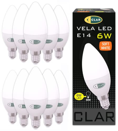 CLAR - Bombilla LED E14 Vela, Luz Cálida, 6W, Casquillo Fino (Pack de 10)