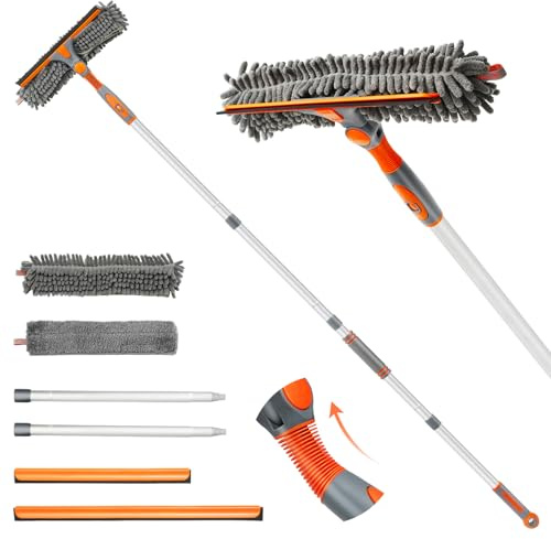 Eazer 89'' Squeegee Window Cleaner 2 in 1 Rotatable Window Cleaning Tool Kit with Extension Pole, Window Washing Equipment with Bendable Head for Indoor/Outdoor Window and Car Glass