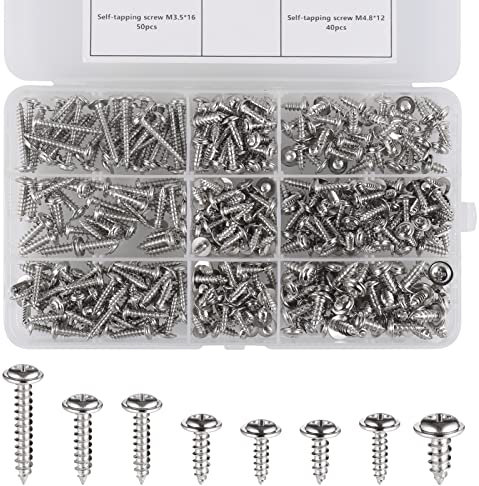 Fentar 350 Stück Blechschrauben Sortiment M3 M3.5 M4 M4.8 Silber Blechschrauben Flachkopf Gut Qualität und Solid Flachkopfschrauben Holz mit Kunststoffbox