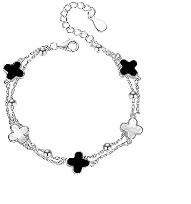 Bracelet pour Femme Trèfle à Quatre Feuilles Bracelets en Argent Sterling 925 Réglable Or Rose Bijoux en Acier Inoxydable pour Fille Cadeau pour l'anniversaire de Noël Saint Valentin (Blanc noir)