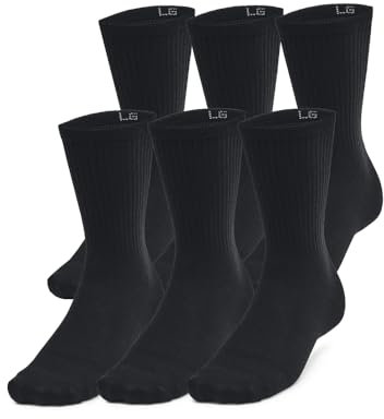 Under Armour Unisex Essential 6 Pack Crew, calcetines de gimnasio ultrafinos y ligeros, calcetines deportivos con soporte plantar y tecnología antiolorBlack/Black/Castlerock,LG