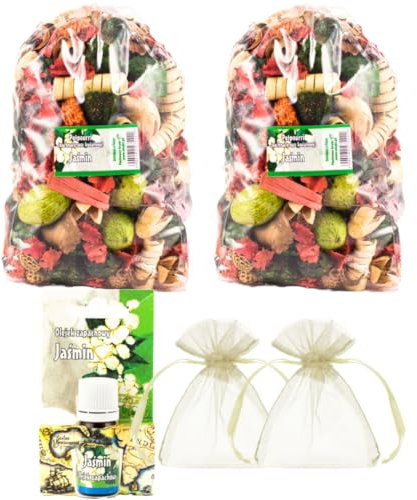 Set di Potpourri Profumato al Gelsomino - 2 Sacchi Grandi, 1 Olio Profumato al Gelsomino, 2 Sacchetti di Organza | Decorazione Floreale per la Casa | Fiori Secchi per Vaso | Aroma Sottile di Gelsomino