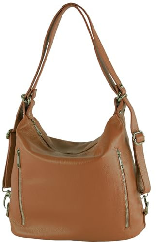 modamoda de T249 Damen Rucksack Schultertasche 2 in 1 aus Leder handmade in Italy, Farbe:Cognac