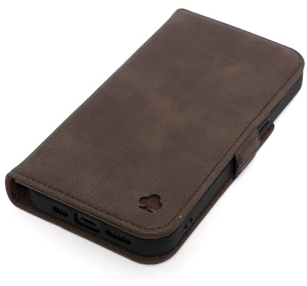 PORTER RILEY - Leather Case Compatible with iPhone 16. Premium Genuine Leather Stand/Cover/Wallet/Flip Case with Card Slots & Horizontal Stand (Chocolate Brown)