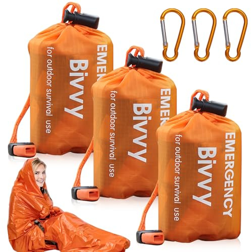 WIYETY 3 sacchi a pelo di emergenza: sacco a pelo con fischietto, impermeabile e ultraleggero, protezione dal freddo – arancione