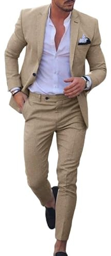 Completo da uomo in lino, 2 pezzi, adatto per matrimoni, riunioni di lavoro, elegante e confortevole, giacca e pantaloni da uomo, Beige, XL