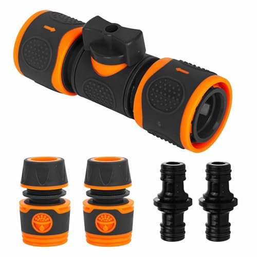 Garden Hose Connector with Shut Off Valve, Hose Valve for 3/4'' and 1/2'' Tap, Quick Release Hosepipe Tap Connector and Fittings (5 Set - Grey Orange)