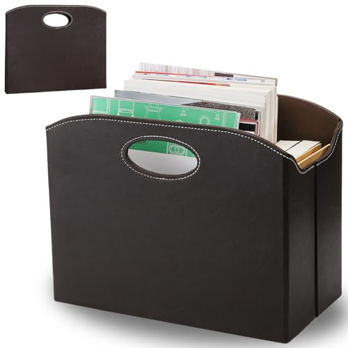 WRINGKIT Leather Magazine File Holder, Foldable Magazine Basket with Handle | Stable Brown Magazines Rack Floor, Document File Folder Organizer Box, Books Newspaper Storage Bin for Office Home School