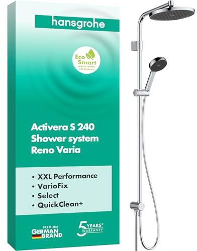 hansgrohe Activera S - vattenbesparande Duschsystem (EcoSmart) utan blandare, Regndusch (240 mm), Duschset med handdusch (2 stråltyper), duschslang, duschstång och rund huvuddusch, krom, 28074000