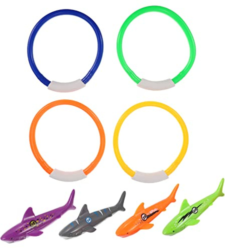 ERINGOGO 8 Pcs Diving with Soft Rings and Weighted Shark Figures Smooth Edges Dive for Swimming Skill Training and Underwater Fun
