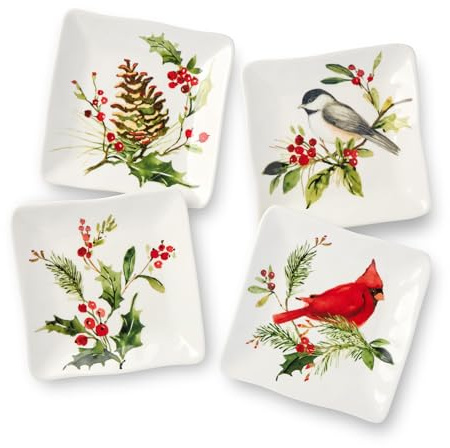 Holly and Vines Christmas Canape Plates Set of 4 – Stoneware Holiday Appetizer Plates with Birds, Berries & Pinecones, Artist-Designed Winter Tableware for Entertaining & Gifting