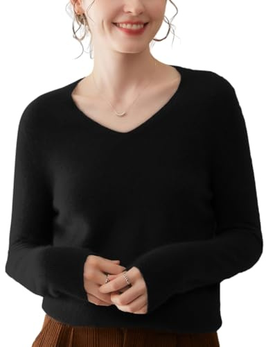 DISSA Pull Cachemire Femme Col V Uni Tricoté en Vrac Manches Longues Fin Pull en Cachemire et Laine,Noir,EU 44,MN655