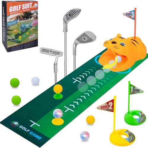 QEEYON Kit de golf pour enfants avec retour automatique, balles de golf lumineuses à LED, 3 clubs, tapis de putting pour garçons et filles à partir de 3 ans (jaune)