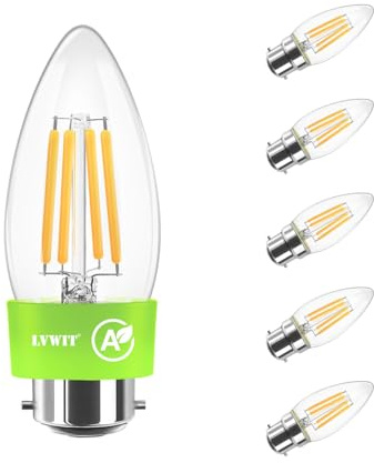 LVWIT Bombillas LED B22 Luz cálida 2700K,Bombilla LED de Filamento C35 Estilo Vintage,3,8W Equivalente a 60W,806 LM,Bombillas de filamento Clase A Ultraeficientes,Ahorro Energético,No Regulable,6U