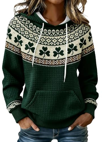 Women's Irish Clover Hoodie Ladies Long Sleeve Pullover St Patricks Day Sweatshirts Shamrock Art Print Hoodies with Pockets