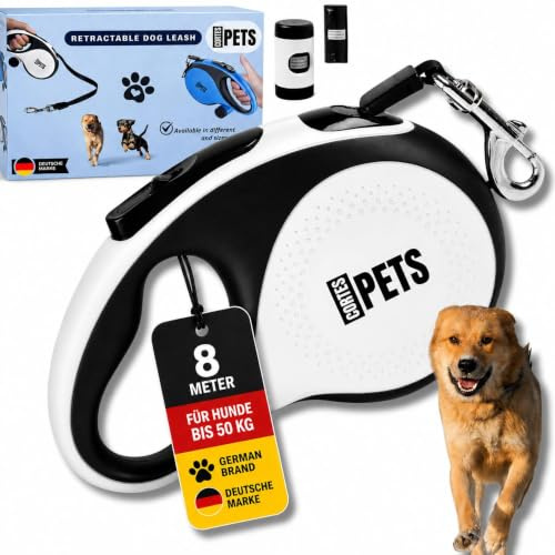 CORTES PETS rullkoppel hundkoppel 8m för stora och små hundar upp till 50 kg – utdragbart hundkoppel 8 m med bajspåse – infällbart – flexi belt – utdragbart koppel (vit, XL | 8m | 50kg)