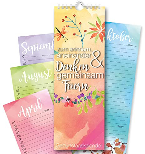 Geburtstagskalender mit Spiralbindung I Format 105 x 297 mm I jahresunabhängig I Dauerkalender für die ganze Familie I dv191 Bunt