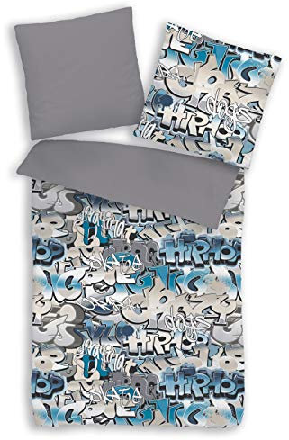 termana Graffiti Bettwäsche Set 135x200 · 100% Baumwolle, Reißverschluss, blau, grau · 3D Teenager-Bettwäsche · Jungen-Bettwäsche · Geschenkidee Gaming