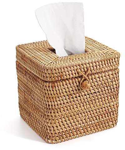 Rattan Kosmetiktücherbox – Geflochtener Taschentuchspender für Bad, Küche oder Büro, Dekorativer Taschentuchhalter, 14,5 x 14,5 x 12,7 cm