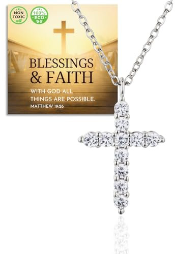 HALUKAKAH Collier Pendentif Croix en Diamant Plaqué Platine pour Enfants|Éco-responsable Fait Main|Réglable|Conçu en Italie|Avec Carte|Pour Anniversaires,Remises de Diplômes,Célébrations Spéciales