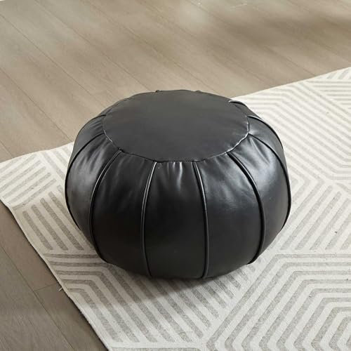 Louis Donné, Pouf artigianale in pelle di prima qualità, realizzato a mano, non imbottito, copertura ottomana, poggiapiedi, cuscino rotondo (nero)
