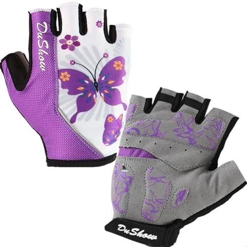 DuShow Women Half Finger Cycling Gloves, Butterfly Pattern Printed with Anti-Slip Shock-Absorbing Pad for Road/Mountain Biking, Gym - Short Fingerless(Purple,L)
