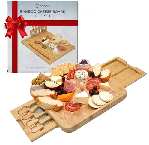 CUQOO Bamboo Cheese Board Set with Drawer & 3 Knives – Wooden Charcuterie Board, Cheeseboard Gift Set for Serving, Grazing, Cheese Boards & Knives, Cheese Platter for Cheese Lovers