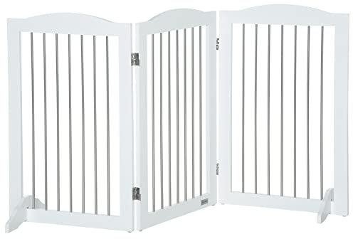 PawHut Barrera de Seguridad para Perros Plegable para Escaleras y Puertas Valla para Perros Pequeños y Medianos de 3 Paneles con Soporte de Pie para Interiores 154x30x80 cm Blanco