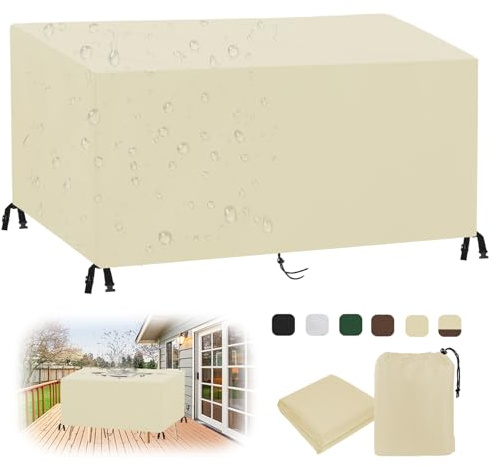 MAIFENGL Coperture per Mobili da Giardino, Copertura Tavolo Esterno Impermeabile Resistenza ai Raggi UV Antivento 420D Oxford Copertura Protettive-Beige||180x120x74cm/71x47x29in