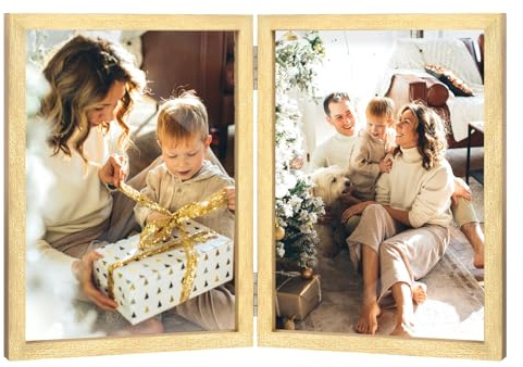 AVEAX Double Photo Frame 4x6 Hinged Wood Picture Frame Real Glass, Gold | Hinged folding frame displays 2 vertical photos on desktop; features real front glass and durable MDF wood construction.