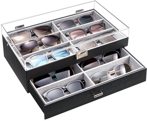 ProCase Caja para 12 Gafas, Estuche de Gafas de Sol con Tapa de Cristal 2 Capas 12 Compartimentos para Gafas Joyería Reloj -Negro