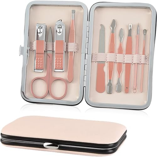 10 Pezzi Grooming Kit Strumenti,Professionale in acciaio inox moda kit,Set Manicure Kit Tagliaunghie Strumenti,con Bella Box,per la Cura Delle Unghie Governare Regalo per Uomini Donne Amici(Oro Rosa)