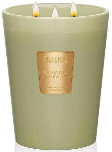 M&SESNE Eukalyptus & Zedernholz Duftkerze, 3 Docht natürlichen Sojawachskerzen für zu Hause duftende, grüne Kerzen Geschenk für Weihnachten, 150 Stunden lang anhaltende langsam brennende, 990g