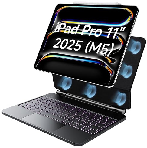 HOU Magic Keyboard iPad Pro 11 (M5/M4) 2025,Nur für 2025-2024 iPad Pro 11 Zoll Hülle mit Tastatur, Multifunktionales Touchpad, 7 Farben 3 Stufen hinterleuchtet, QWERTZ deutsches Layout–Schwarz