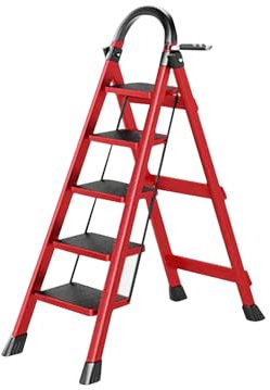 SEVEN COMFORT Scaletta pieghevole con corrimano, 5 gradini, antiscivolo, facile da riporre, ampi gradini, adatta per cucina, casa e soggiorno, portata fino a 150 kg (rosso, 5 livelli)