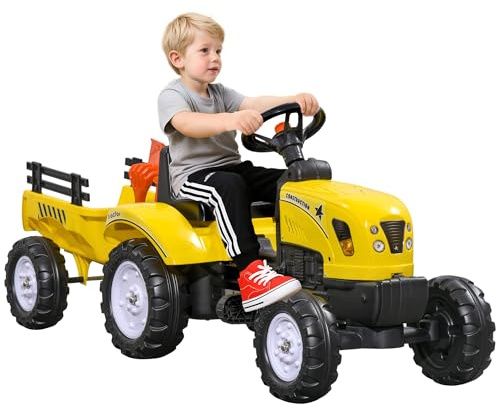HOMCOM Trattore a Pedali per Bambini 3+ Anni con Rimorchio Clacson Giallo