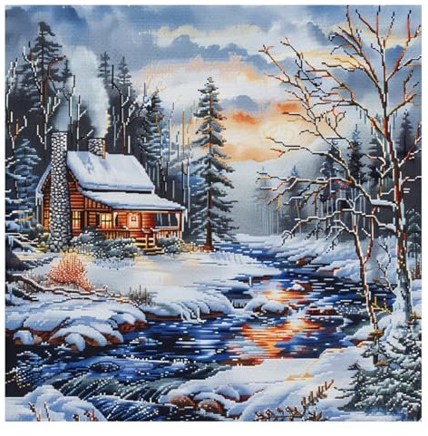Xinpinzhou Korsstygnskit snölandskap, bildmönster broderiset korsstygn broderi kit nybörjare förtryckt komplett startpaket barn kors stygn broderi 40 x 40 cm