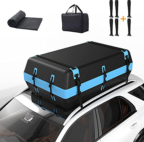 Hodozzy Car Roof Bag, 21 Cubic Feet Waterproof and Sunscreen Soft Rooftop Cargo Carrier for Cars with or Without Racks,with Anti-Slip Mat + Portable Storage Bag+6 Door Hooks+8 Reinforced Straps