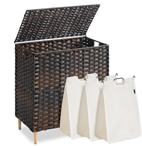 SONGMICS Laundry Hamper with Lid, 42 Gal. (160 L) PE Rattan Laundry Basket with Lid and Handles, Natural Material,Removable Machine Washable Liner, Chestnut Brown ULCB223ME01