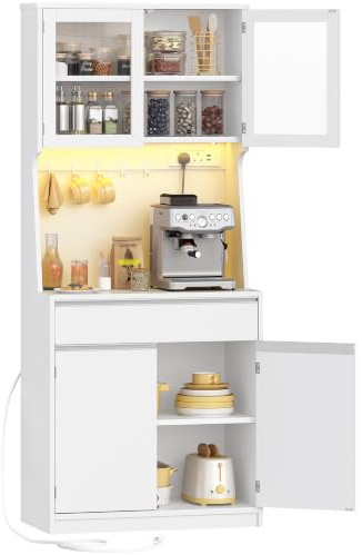 Hzuaneri Kitchen Cabinets with LED & Power Outlet, Large Drawer, White | Tall Kitchen Cupboard with Countertop, Pantry Storage Cabinet, Adjustable Shelves, Dining Room, 40 × 75 × 180 cm, PT40103XUK