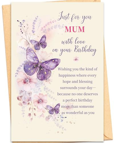Mirelia Birthday Card for Mum, Purple Watercolour Butterfly and Floral Design, Sentimental Mother Birthday Wishes, 20.5 x 13.5 cm, with Envelope.