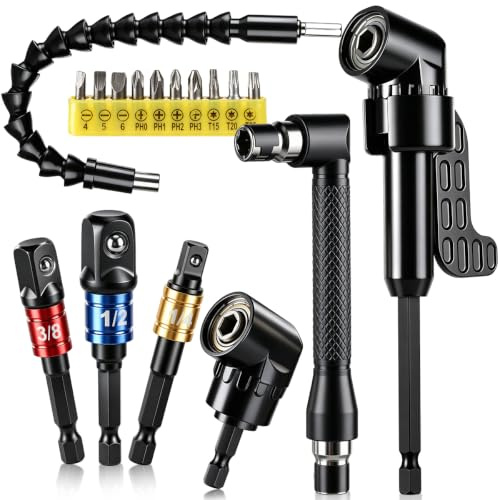 17Pcs Flexible Drill Bit Extension kit, Include 3pcs Impact Socket Adapter 2pcs Hex Shank 105° Right Angle Drill Attachment 10 Short Screwdriver Bits Bendable Drill Bit Extension and 90° Angled Bits