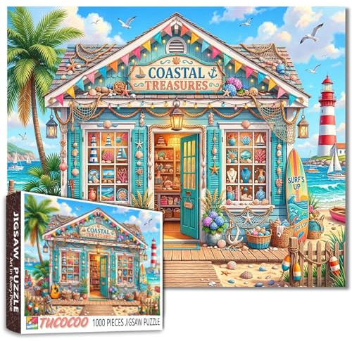 Puzzle d'été sur Le thème de la Plage, 1000 pièces, pour Adultes et familles (décorations de Coquillages, Planches de Surf, Bijoux, Souvenirs de Plage). Puzzle encadrable de 50 x 70 cm.