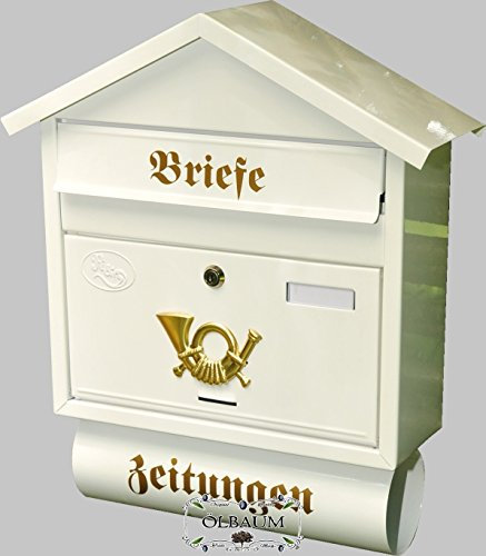 Wandbriefkasten,Großer Briefkasten, Premium-Qualität aus Stahl, mit Schutzlackierung Spitzdach weiß S schneeweiß snow white Zeitungsfach Zeitungsrolle Postkasten