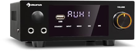 AUNA AMP-2 DG -aAmplificateur HiFi stéréo, 2 x 50 W RMS, Bluetooth, 2 x entrée numérique: Optique et coaxiale, entrée USB, AUX et DVD, Graves, aigus, Balance, et écho réglables, écran LED - Noir
