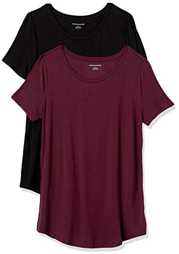 Amazon Essentials Tunica con Scollo Rotondo a Maniche Corte Donna, Pacco da 2, Nero/Bordeaux, XL