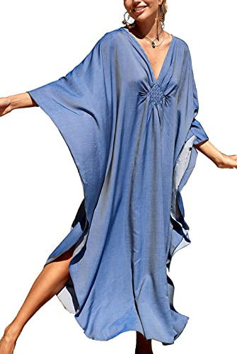YouKD Lång kaftan, maxiklänning, boho, baddräkt, strand, täckande rock, en storlek, loungewear, Ljusblå, En Storlek