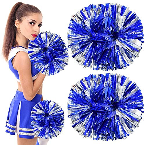 Colexy Cheerleading Pompoms, 2 Stück Metallfolie Cheerleading Pom Poms, Cheerleader Pompons Handblumen mit Handle, Cheerleading Pom Poms Tanzpuschel, für Sport Wettbewerb Team Geist (Blau+Silber)